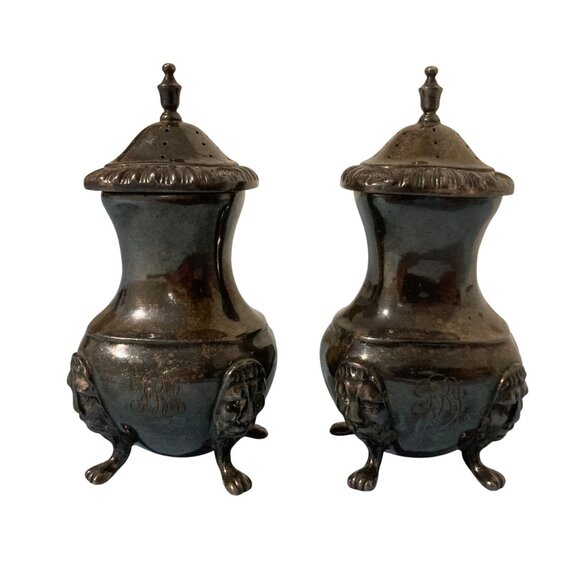 Lions Head Footed Antique Ornate Silver Plated Salt & Pepper Shakers Monogrammed - Picture 2 of 8